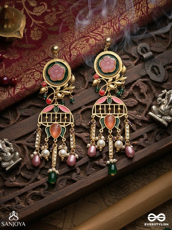 PANKHURIMA – PETALS IN MOTION – STATEMENT DROP EARRING WITH LOTUS-STYLE ENAMEL DETAILING AND MULTI-BEAD HANGINGS