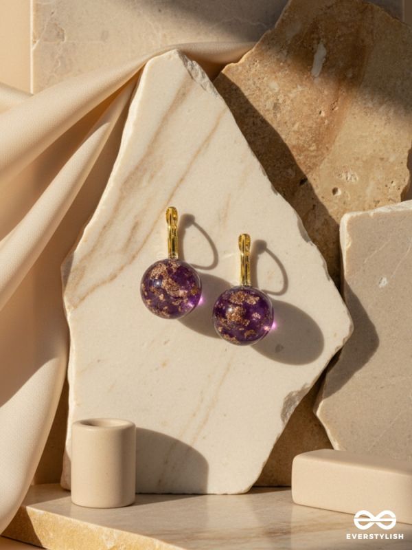 AMETHYST ORBIT – GOLDEN DROP EARRINGS