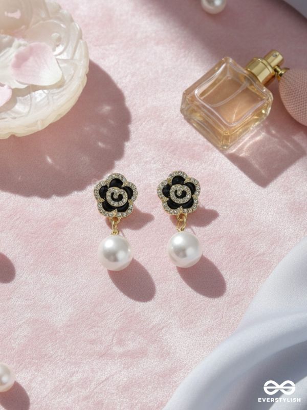 MIDNIGHT CAMELLIA – PEARL DROP EARRINGS