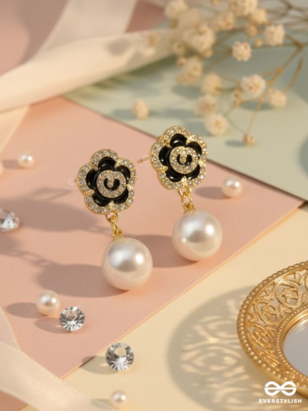 MIDNIGHT CAMELLIA – PEARL DROP EARRINGS