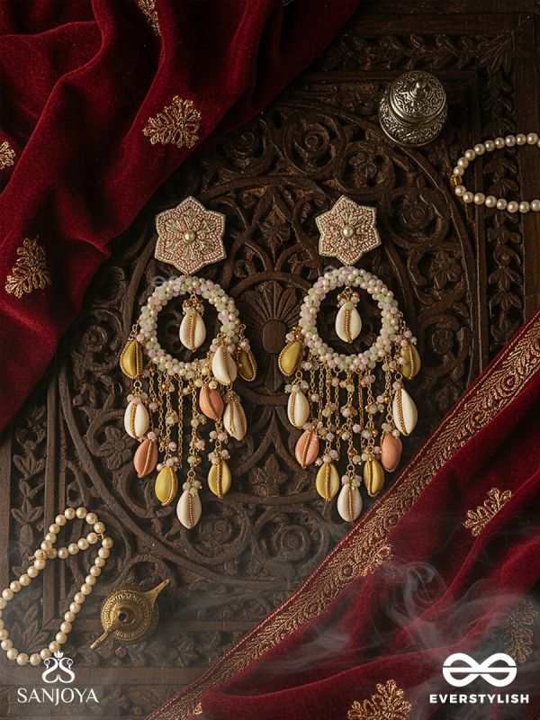 TARASAAGAR – CONSTELLATIONS MEET THE SEA – STAR-TOP EARRINGS WITH PEARL RIM AND PASTEL SHELL DROPS