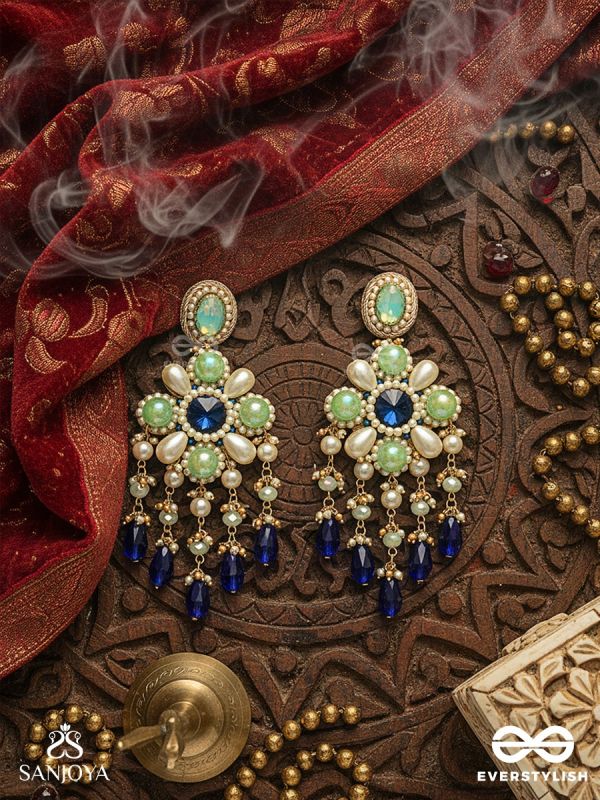 NEELVANIKA – FOREST OF BLUE BLOOMS – FLORAL EARRINGS WITH MINT STONE PETALS AND DEEP BLUE DROP ACCENTS