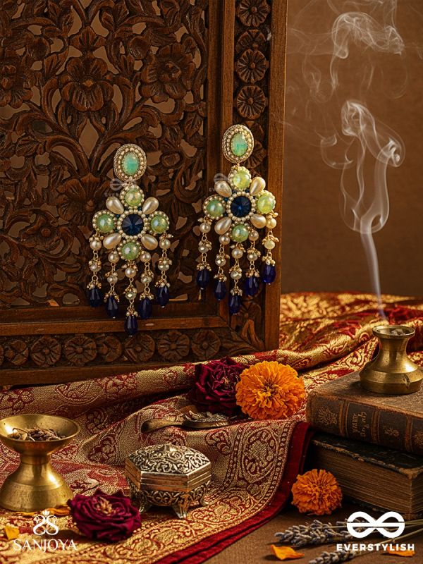 NEELVANIKA – FOREST OF BLUE BLOOMS – FLORAL EARRINGS WITH MINT STONE PETALS AND DEEP BLUE DROP ACCENTS