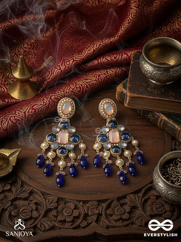 NEELRASHMI – RAY OF MIDNIGHT LIGHT – STATEMENT EARRINGS WITH SAPPHIRE-TONE STONES, BLUSH CENTRE DETAIL AND DRAMATIC DROP ACCENTS