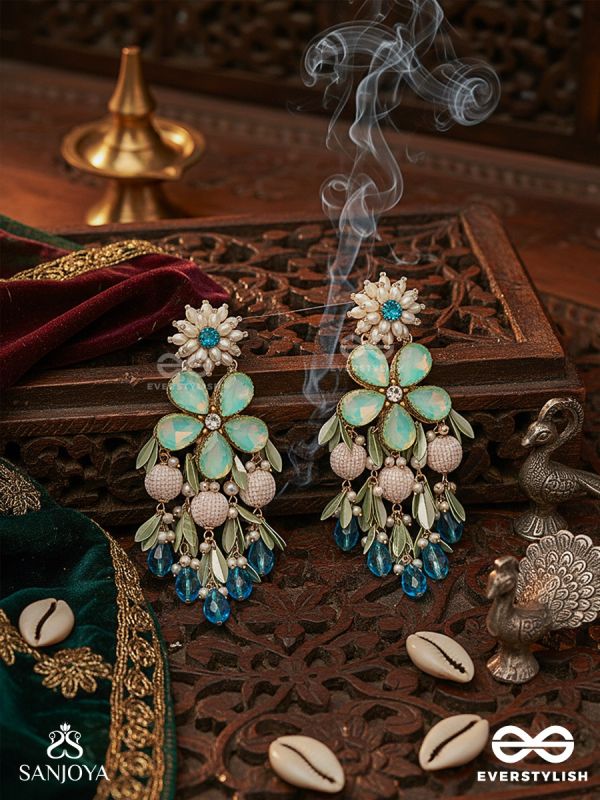 NEELPUSHPA – BLUE BLOSSOM OF THE SKY – FLORAL EARRINGS WITH MINT PETAL STONES AND SKY-BLUE DROP ACCENTS