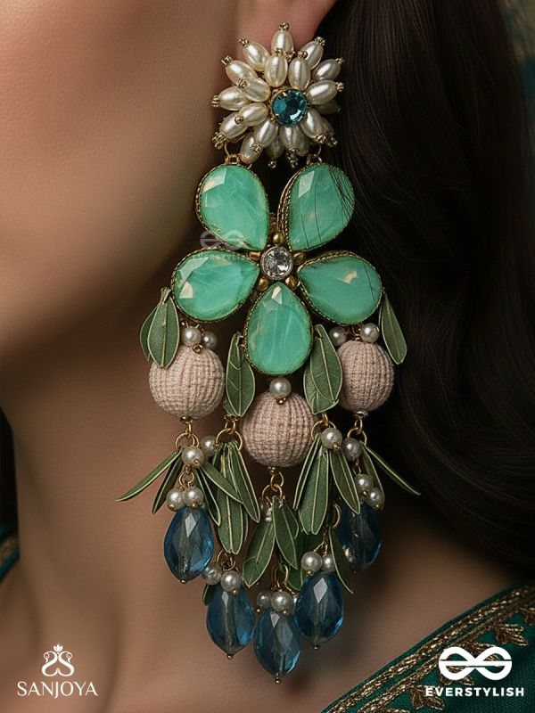 NEELPUSHPA – BLUE BLOSSOM OF THE SKY – FLORAL EARRINGS WITH MINT PETAL STONES AND SKY-BLUE DROP ACCENTS