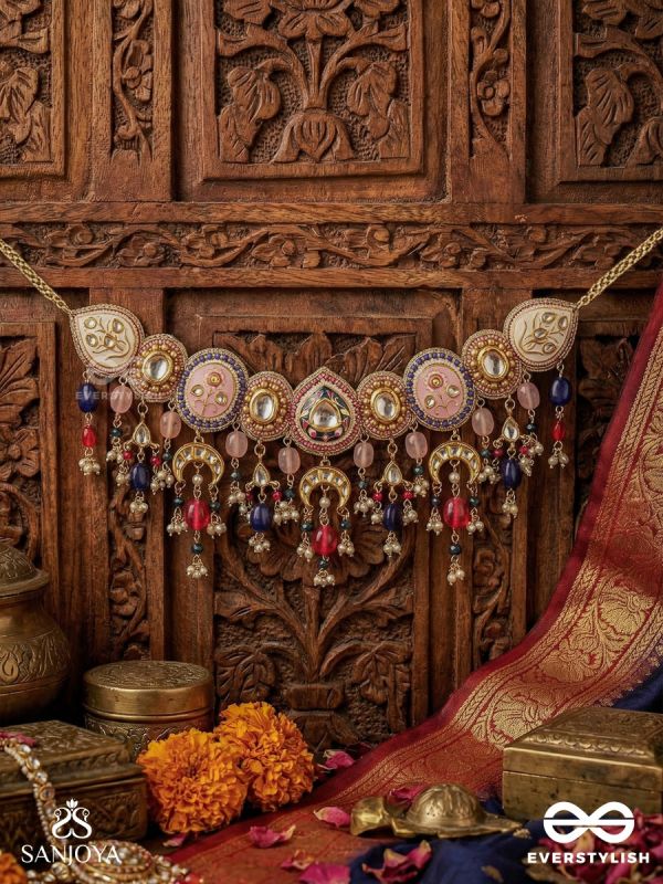 MANICHITRA – JEWELLED ARTISTRY – ORNATE NECKPIECE WITH DECORATIVE MEDALLIONS AND BEAD FRINGE