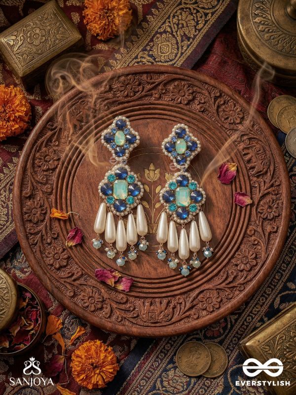 NEELKAMINI – SAPPHIRE BLOOM – FLORAL STATEMENT EARRINGS WITH SAPPHIRE-TONE CLUSTERS AND IVORY DROP ACCENTS