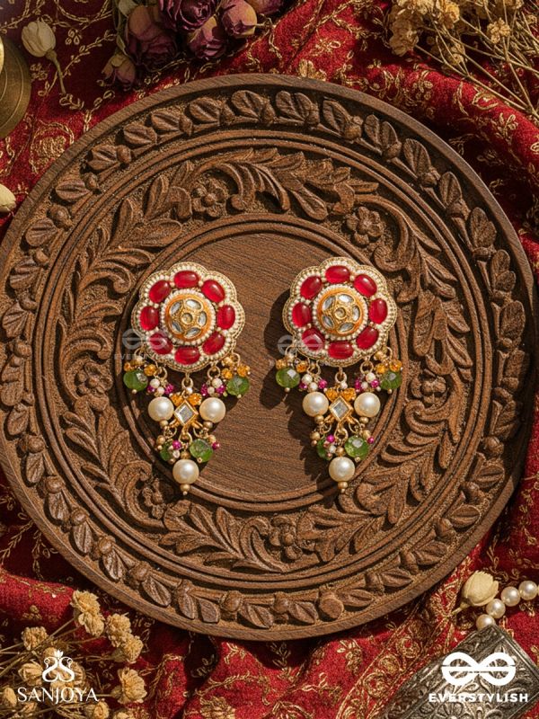 RUDRAVALI – CRIMSON BLOOM – FLORAL KUNDAN EARRINGS WITH RED STONE PETALS, PEARL CLUSTERS AND GREEN BEAD DROPS