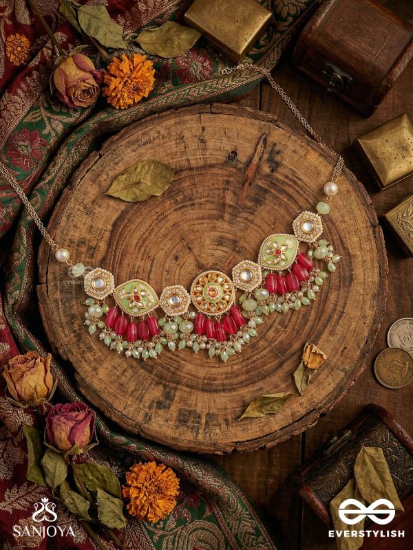 SAUMITRA – GENTLE RADIANCE – KUNDAN NECKLACE WITH FLORAL MEDALLIONS AND RED DROP ACCENTS