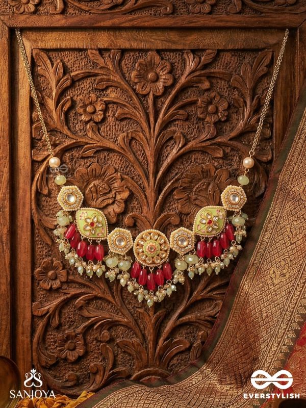 SAUMITRA – GENTLE RADIANCE – KUNDAN NECKLACE WITH FLORAL MEDALLIONS AND RED DROP ACCENTS