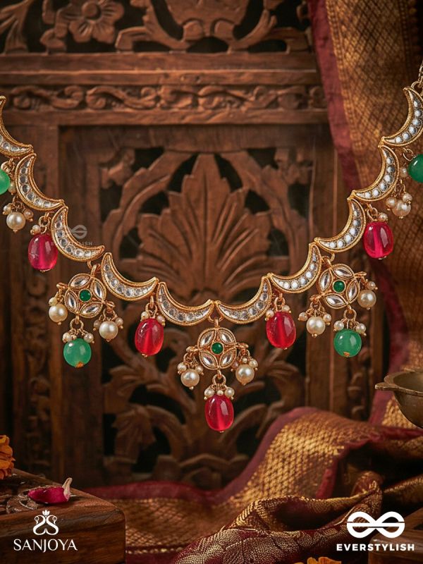 SHRAVANI – MONSOON SPLENDOUR – HANDCRAFTED KUNDAN NECKLACE WITH RED AND GREEN ACCENT DROPS