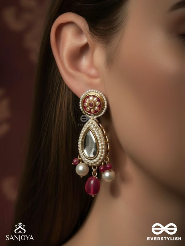RUDRANISHA – CRIMSON TWILIGHT – ORNATE KUNDAN EARRINGS WITH MIRROR DROP AND PEARL HANGINGS