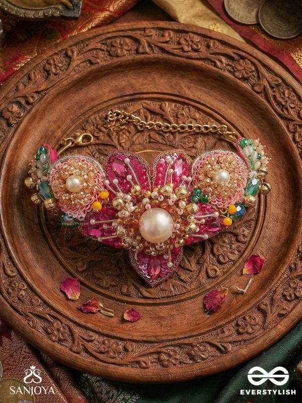 ANURAAGINI – CRIMSON CHARM – HANDCRAFTED HAIR BUN ACCESSORY WITH PINK EMBROIDERED PETALS AND PEARL ACCENTS