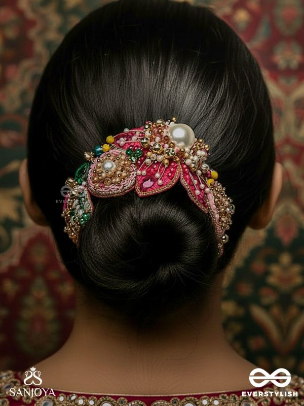 ANURAAGINI – CRIMSON CHARM – HANDCRAFTED HAIR BUN ACCESSORY WITH PINK EMBROIDERED PETALS AND PEARL ACCENTS