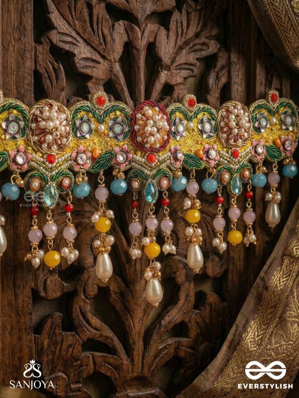 CHITRASRAYA – ABODE OF ART – MULTICOLOUR KUNDAN NECKLACE WITH MEENAKARI PANELS AND PEARL DROP FRINGES