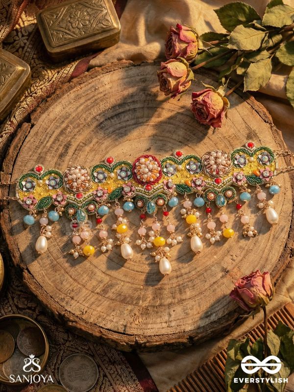 CHITRASRAYA – ABODE OF ART – MULTICOLOUR KUNDAN NECKLACE WITH MEENAKARI PANELS AND PEARL DROP FRINGES
