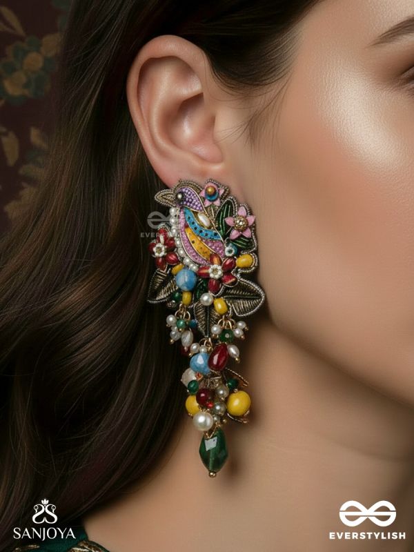 PANKHURIKA – WINGED BLOOM – ORNATE BIRD DESIGN EARRINGS WITH FLORAL DETAILS AND COLOURFUL HANGINGS