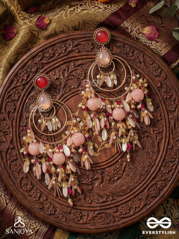 ANINDITA – FLAWLESS ORNAMENT – STATEMENT EARRINGS WITH PEACH STONE TOP AND MULTI-LAYER DROP CASCADE