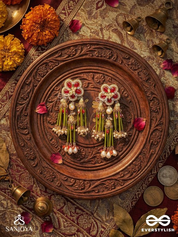 PATRALIKA – LEAFED ORNAMENT – FLORAL MOTIF EARRINGS WITH GREEN TUBE TASSEL DROPS AND PEARL ACCENTS