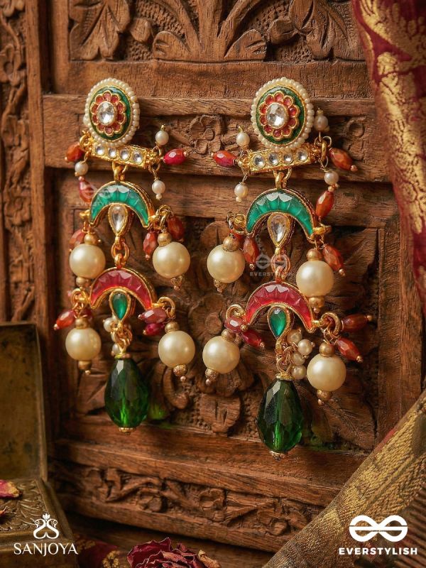 ISHVARIKA – CELESTIAL ORNAMENT – TURQUOISE AND CRIMSON CRESCENT EARRINGS WITH MEENAKARI MEDALLION AND PEARL-ACCENTED GEM DROPS