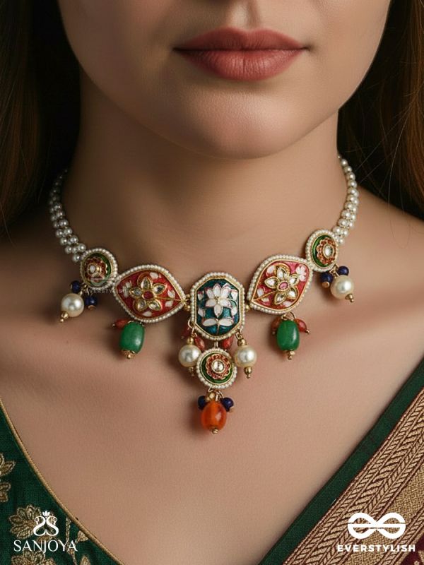 CHITRAREKHA – ORNATE ILLUSTRATION – PEARL LAYER NECKLACE WITH FLORAL MEENAKARI MOTIFS AND COLOURFUL HANGINGS