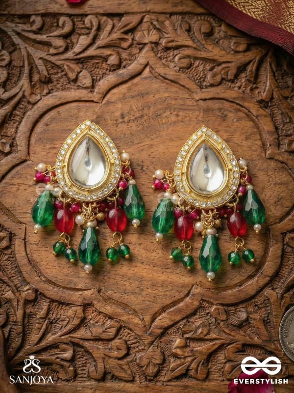 MANIPRABHA – JEWELLED RADIANCE – GOLD FRAMED MIRROR EARRINGS WITH MULTI-HUE STONE CASCADE