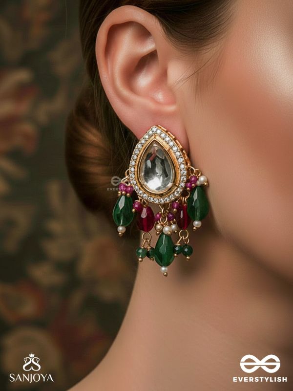 MANIPRABHA – JEWELLED RADIANCE – GOLD FRAMED MIRROR EARRINGS WITH MULTI-HUE STONE CASCADE