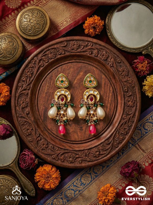 SHIVANSHI – DIVINE TRACE – KUNDAN ARC EARRINGS WITH CRIMSON OVAL CENTRE, PEARL DROPS AND GREEN BEAD ACCENTS