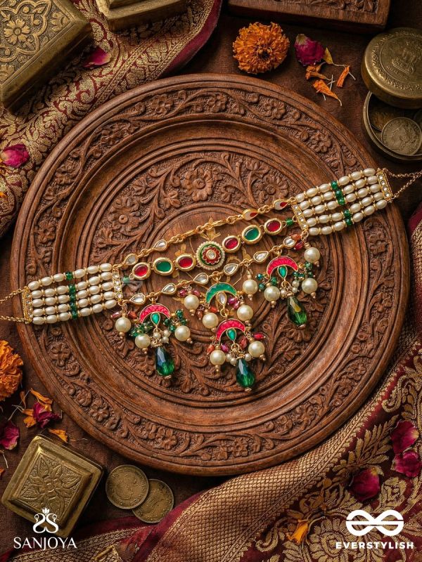 ISHVARIKA – CELESTIAL ORNAMENT – MULTI-STRAND PEARL NECKLACE WITH TURQUOISE CRESCENT PANELS AND GEM DROP FRINGES