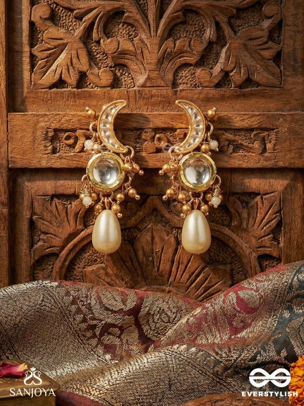 NISHITHA – NIGHT BLOOM – MOON-SHAPED EARRINGS WITH REFLECTIVE MIRROR DISC, DELICATE BEAD HALO AND TEARDROP PEARL FINISH