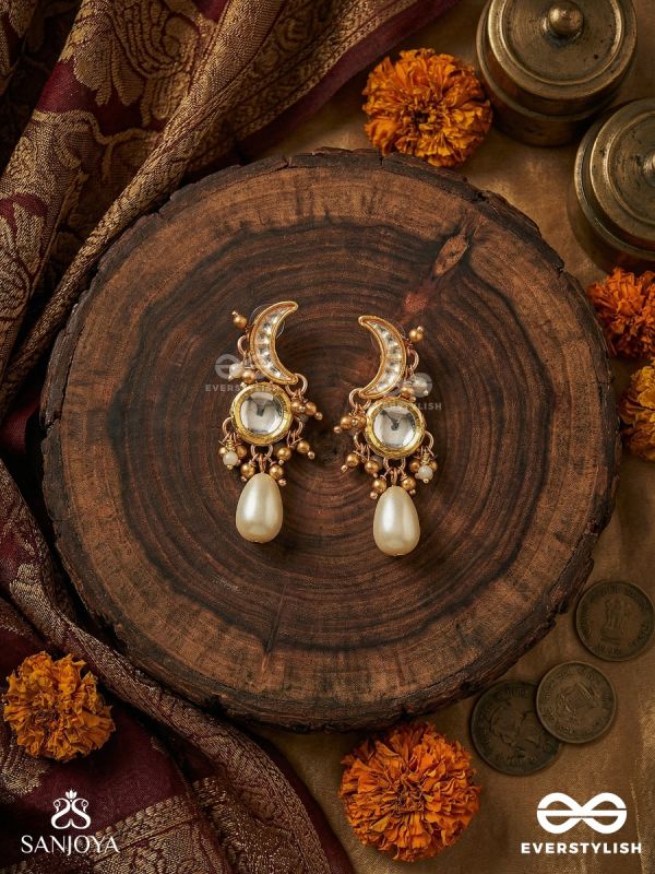 NISHITHA – NIGHT BLOOM – MOON-SHAPED EARRINGS WITH REFLECTIVE MIRROR DISC, DELICATE BEAD HALO AND TEARDROP PEARL FINISH