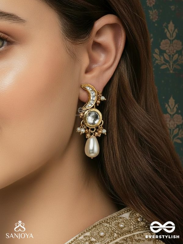 NISHITHA – NIGHT BLOOM – MOON-SHAPED EARRINGS WITH REFLECTIVE MIRROR DISC, DELICATE BEAD HALO AND TEARDROP PEARL FINISH