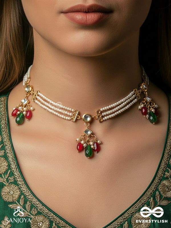 AARANYIKA – FOREST MELODY – TRIPLE-STRAND PEARL NECKLACE WITH FLORAL GEM CLUSTERS AND RUBY-GREEN ACCENTS