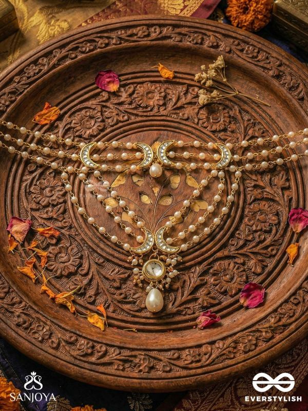 NISHITHA – NIGHT BLOOM – LAYERED PEARL NECKPIECE WITH ORNAMENTED CONNECTORS AND MIRROR-CENTRED PENDANT DROP