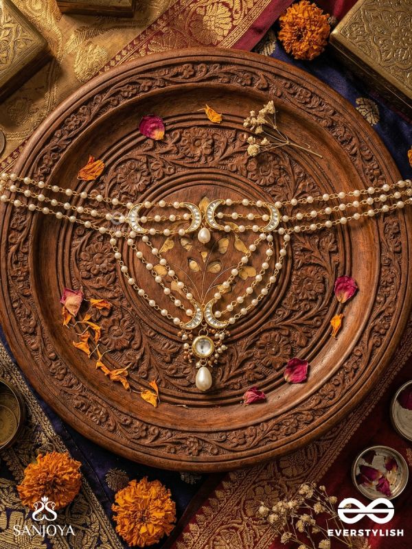 NISHITHA – NIGHT BLOOM – LAYERED PEARL NECKPIECE WITH ORNAMENTED CONNECTORS AND MIRROR-CENTRED PENDANT DROP