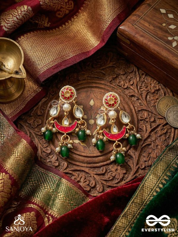 KUMUDINIYA – NIGHT LOTUS – POLKI-SET CRESCENT EARRINGS WITH REFLECTIVE MIRROR ACCENTS, RUBY ARC DETAIL AND EMERALD DROP FINISH