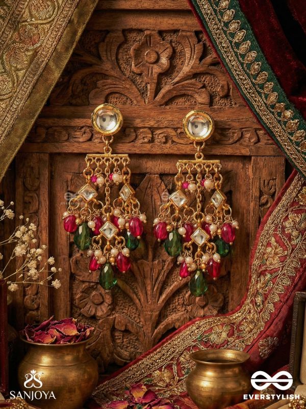 VASURAGINI – LUSTRE OF TREASURES – FESTIVE DROP EARRINGS WITH KUNDAN ACCENTS AND COLOURFUL GEM CASCADE