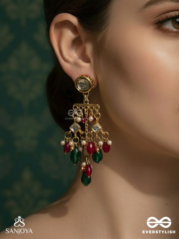 VASURAGINI – LUSTRE OF TREASURES – FESTIVE DROP EARRINGS WITH KUNDAN ACCENTS AND COLOURFUL GEM CASCADE