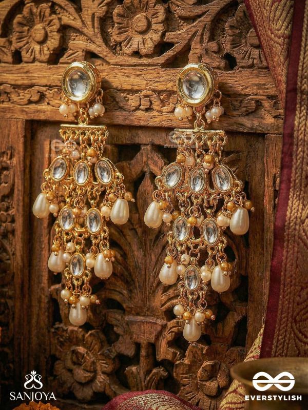 INDUMANJARI – CLUSTER OF MOONS – TIERED POLKI EARRINGS WITH MIRROR STUD AND PEARL DROP CASCADE