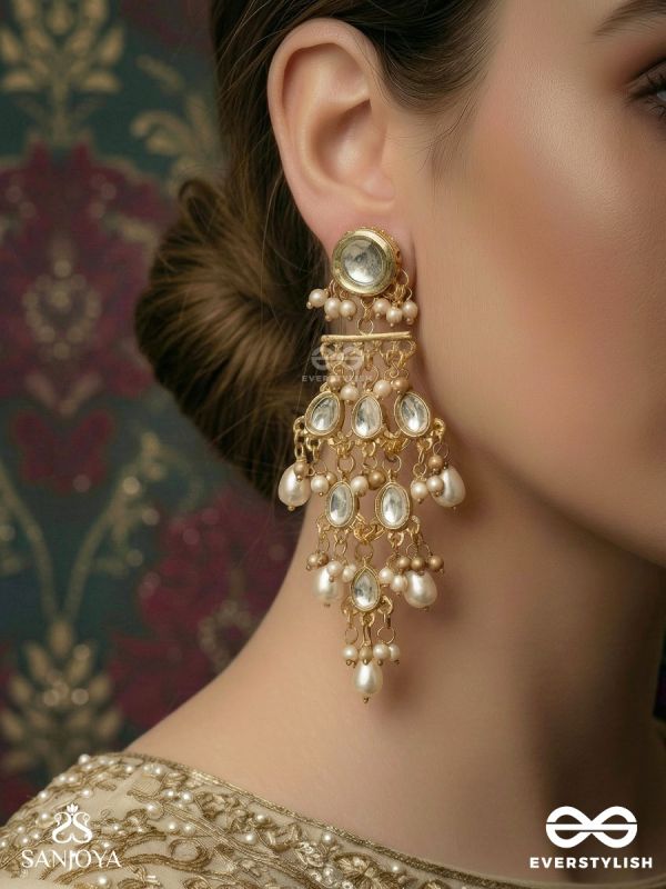 INDUMANJARI – CLUSTER OF MOONS – TIERED POLKI EARRINGS WITH MIRROR STUD AND PEARL DROP CASCADE