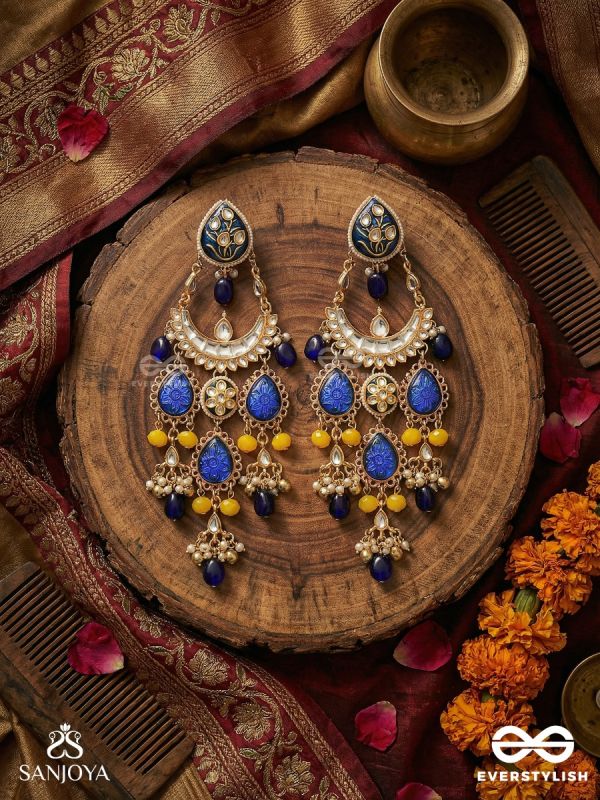 AMBARLEENA – SKY EMBRACE –  GRAND CHANDELIER KASHMIRI EARRINGS WITH COBALT PANELS, GOLD FILIGREE AND DROP ACCENTS