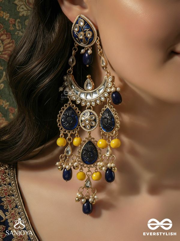 AMBARLEENA – SKY EMBRACE –  GRAND CHANDELIER KASHMIRI EARRINGS WITH COBALT PANELS, GOLD FILIGREE AND DROP ACCENTS