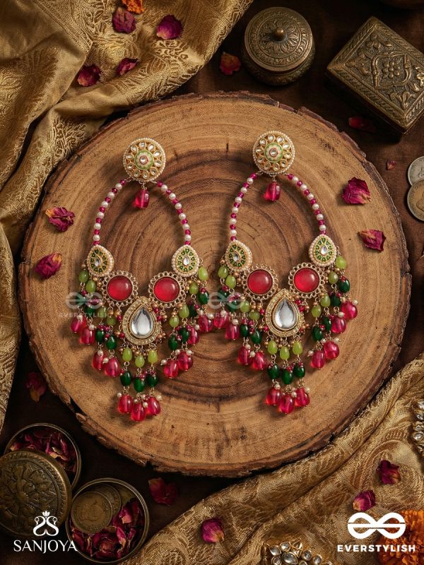 RANGMAHIMA – COLOURFUL SPLENDOUR – GRAND CHANDELIER  KASHMIRI EARRINGS WITH CORAL PANELS, MIRROR CENTRE AND VIBRANT GEM CASCADE