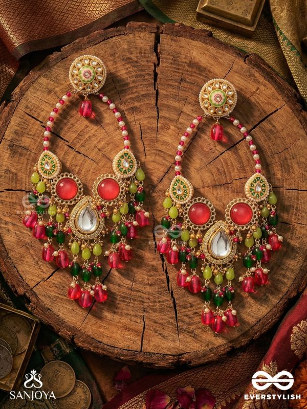 RANGMAHIMA – COLOURFUL SPLENDOUR – GRAND CHANDELIER  KASHMIRI EARRINGS WITH CORAL PANELS, MIRROR CENTRE AND VIBRANT GEM CASCADE