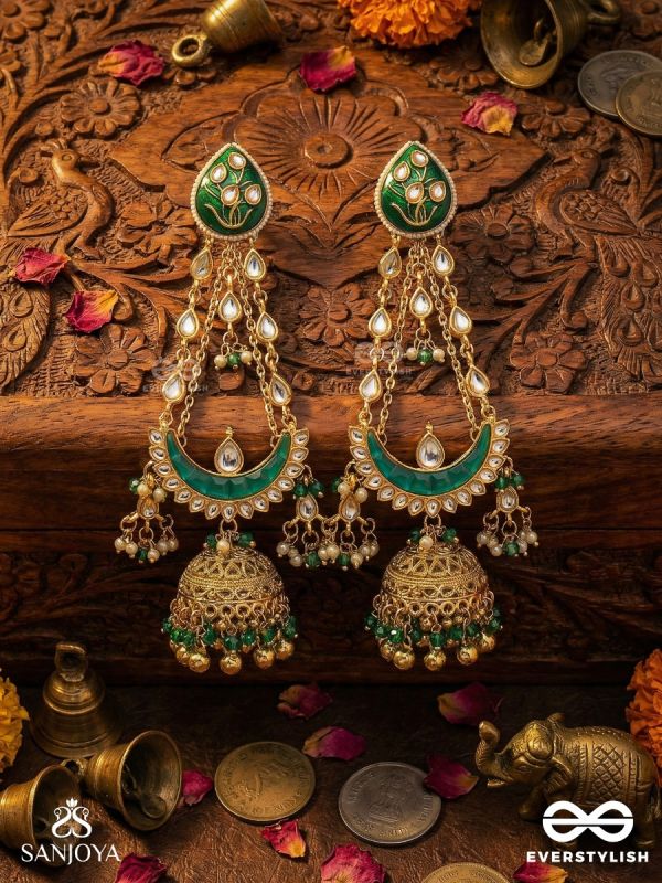 MANIKARNIKA – JEWELLED ARCH – TIERED CRESCENT KASHMIRI EARRINGS WITH POLKI DETAIL, CHAIN CASCADE AND JHUMKA DOME