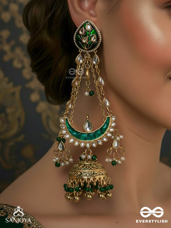 MANIKARNIKA – JEWELLED ARCH – TIERED CRESCENT KASHMIRI EARRINGS WITH POLKI DETAIL, CHAIN CASCADE AND JHUMKA DOME
