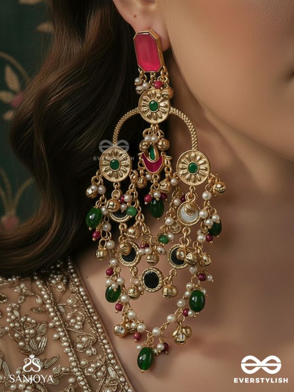 RANGDEVYANI – FESTIVE DIVINITY – GRAND CHANDELIER KASHMIRI EARRINGS WITH RUBY TOP, ORNATE ARCH PANELS AND GEM CASCADE
