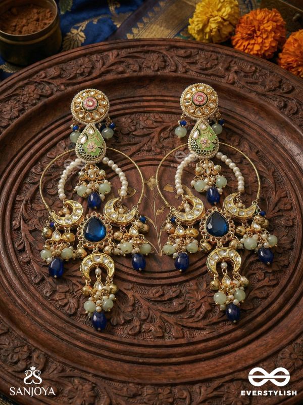 AMBARIKA – SKY-BORN BEAUTY – STRUCTURED CHANDELIER KASHMIRI EARRINGS WITH HOOP FRAME AND DEEP BLUE DROP ACCENTS