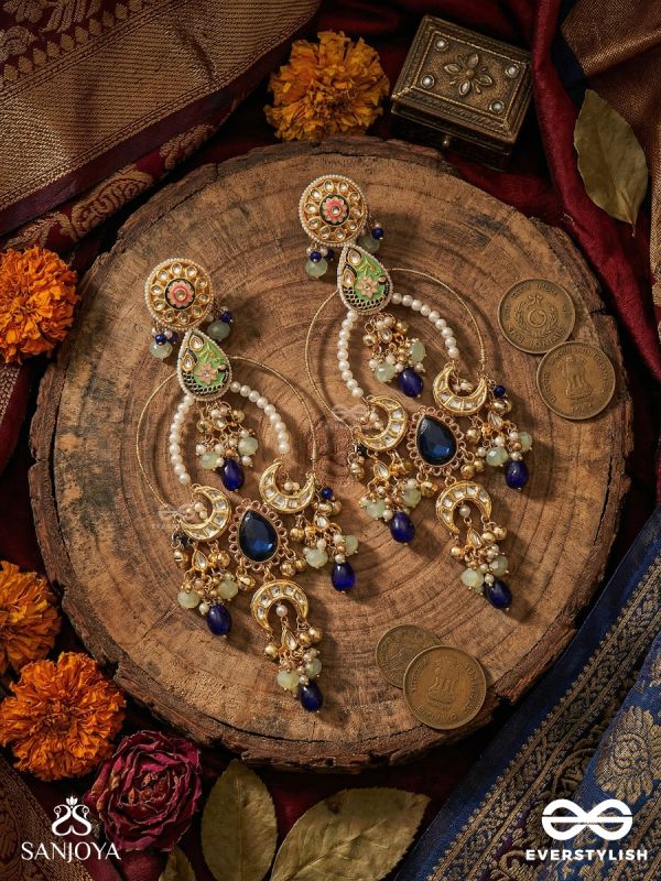 AMBARIKA – SKY-BORN BEAUTY – STRUCTURED CHANDELIER KASHMIRI EARRINGS WITH HOOP FRAME AND DEEP BLUE DROP ACCENTS